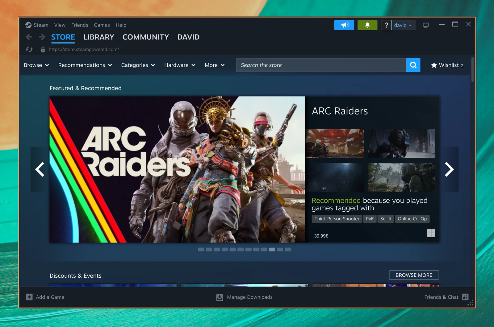 Steam zobrazujúci svoj herný obchod na Omarchy